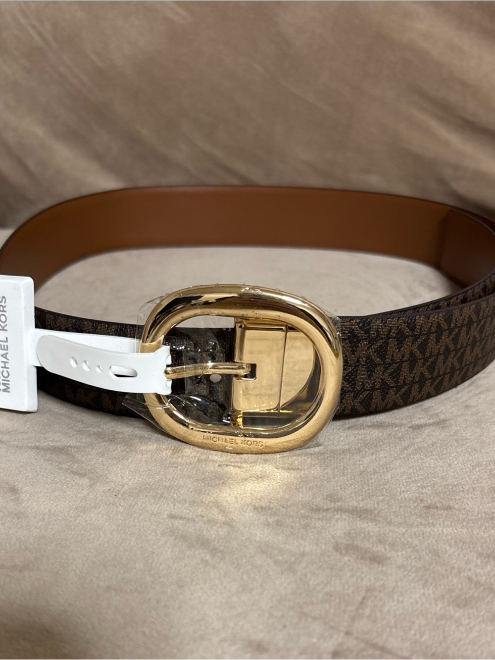 Authentic Michael Kors Reversible Logo Monogram Belt Brown/Gold Hard Size Small